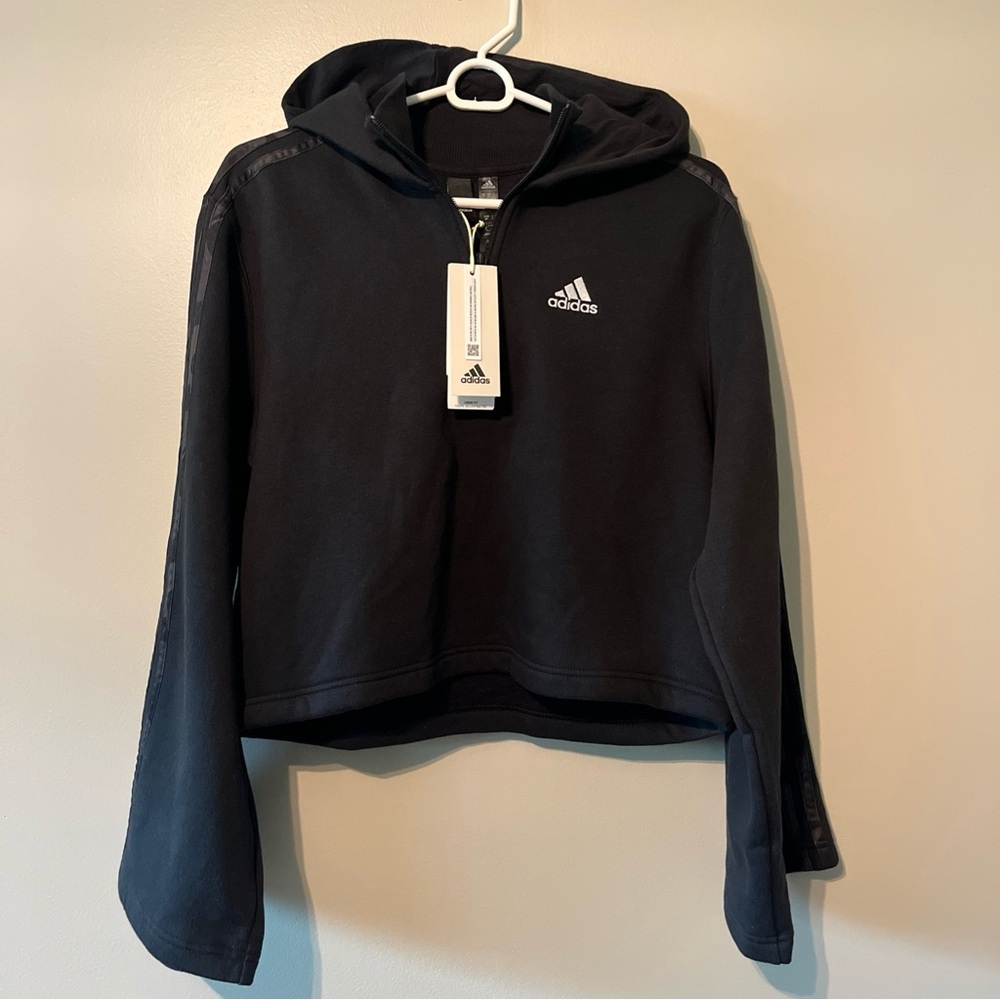 Women’s Adidas NWT! Black Hooded Cropped Sweatshirt Hoodie Small Quarter Zip